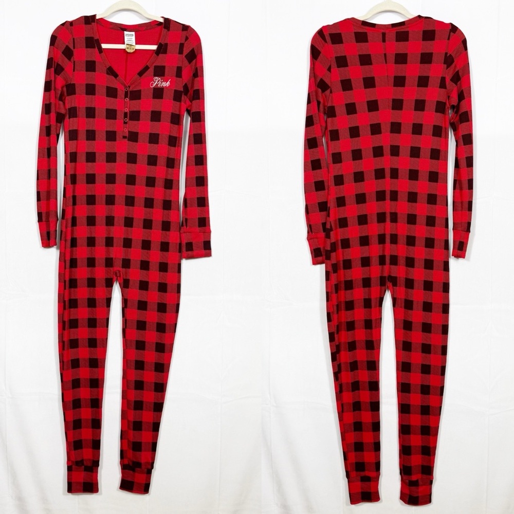 PINK Victoria’s Secret Thermal Sleep Onesie Buffalo Check Plaid Red Black - Picture 2 of 8